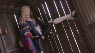 Captain Marvel and two interracial lesbian babes eating cunts