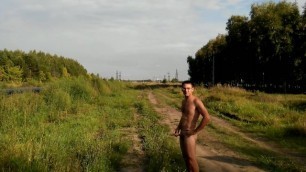 Masturbating outdoor on the country road