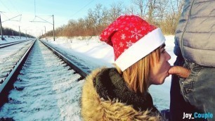 Winter outdoor amateur blowjob on the railway