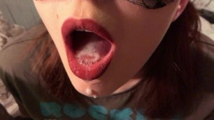 Sensual close up blowjob, tongue cumshot and swallow