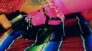 Hard Panty Cock Shoots Cum on 8 inch Platforms with Neon Pink Frilly Socks