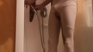My slave piss, take a shower and cum with one of my swimwear and my legging