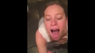 Slutty Amateur Sucks and takes Facial in Public Bathroom during her Date
