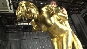 Japanese teen in gold paint gets fucked