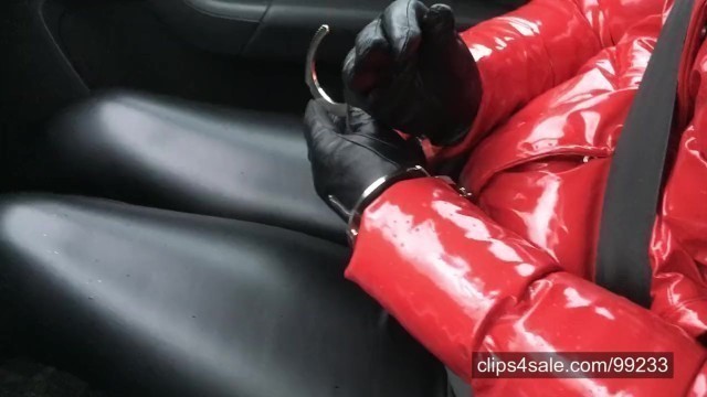 In the car... handcuffs, PVC jacket, leather gloves and leather leggings