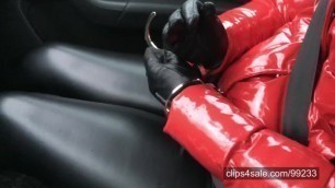 In the car... handcuffs, PVC jacket, leather gloves and leather leggings