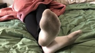Showing my soles in dirty white ankle socks in bed with leggings