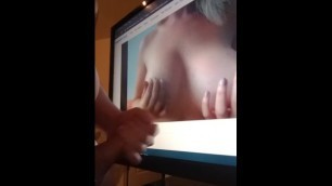 Cumming on Kit Mercer's DDD tits - College guy gives cum tribute