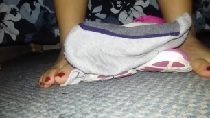 Latina Socks Off Her Dirty Feet