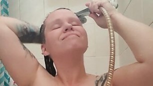 Sexy shower Soapy big tits, head washing and shaving